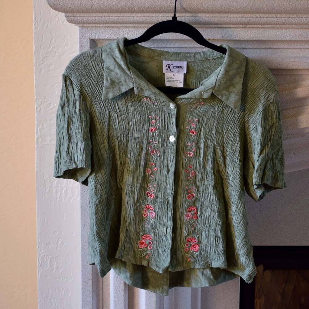 K Studio Vintage Sage Green Embroidered Floral Rayon Textured Button Up Top
